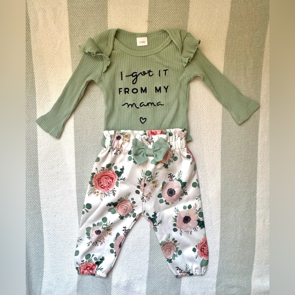 3-6 Month Baby Green Floral Matching Pants and Long Sleeve Onesie Set
